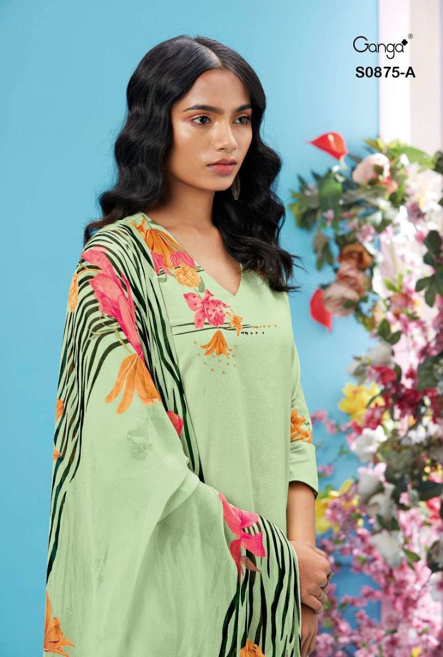 GANGA AILEE 875 DESIGNER HANDWORK WITH COTTON PRINTED SUITS IN WHOLESALE RATE