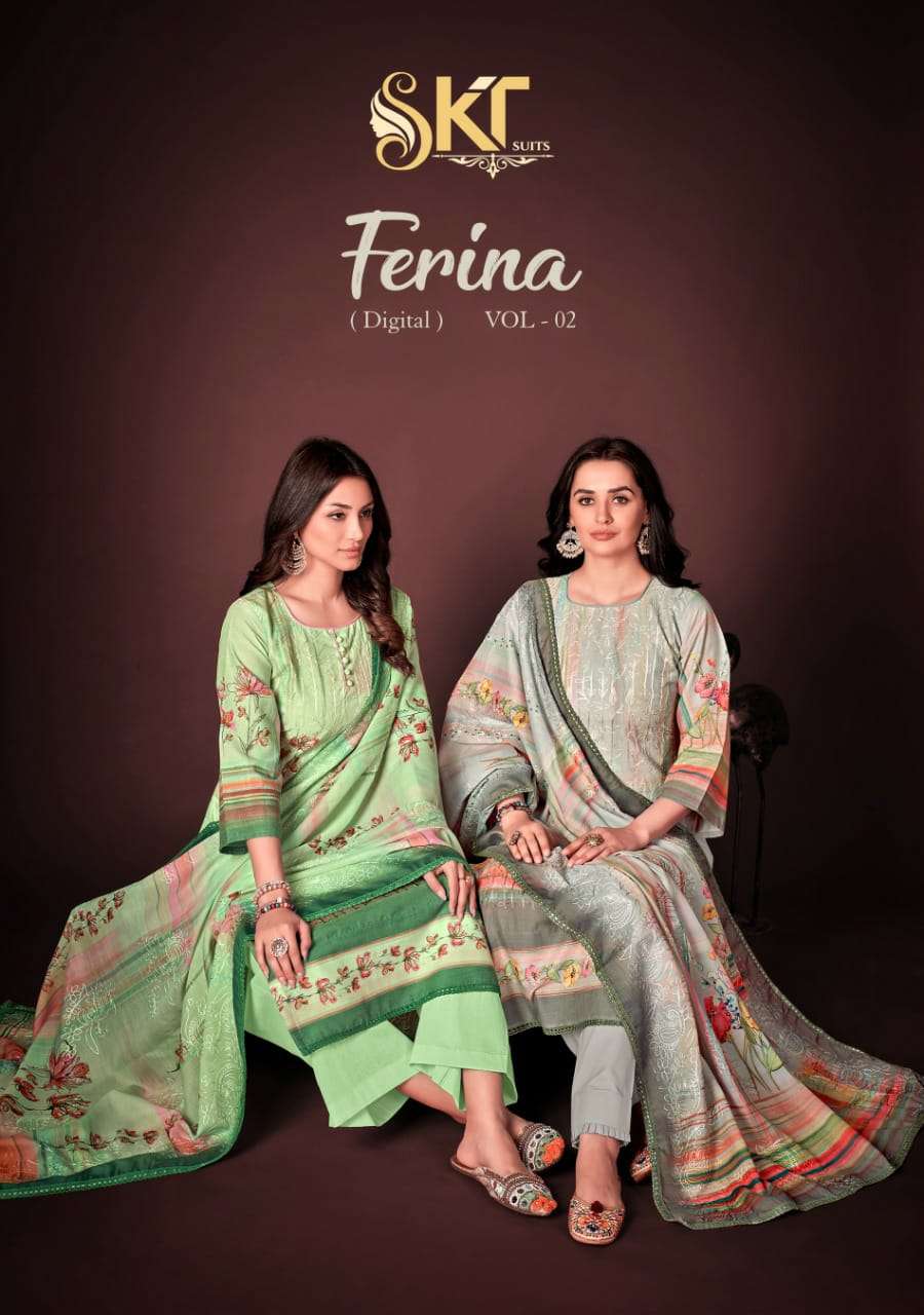SKT SUITS FERINA VOL 2 DESIGNER CAMBRIC DIGITAL PRINTED WITH EMBROIDERED SUITS IN WHOLESALE RATE