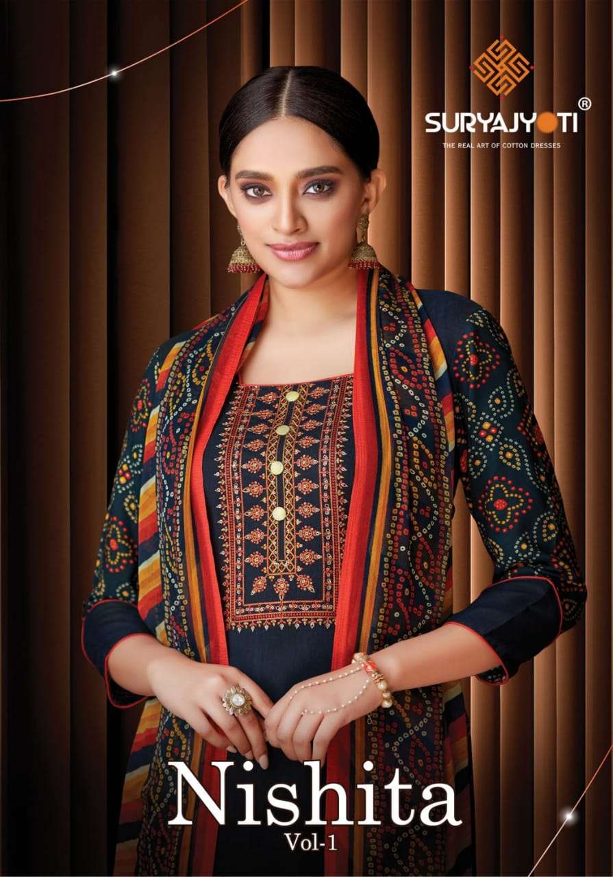 SURYAJYOTI NISHITA VOL 1 DESIGNER EMBROIDERY WORK WITH RAYON PRINTED DAILY WEAR SUITS IN WHOLESALE RATE