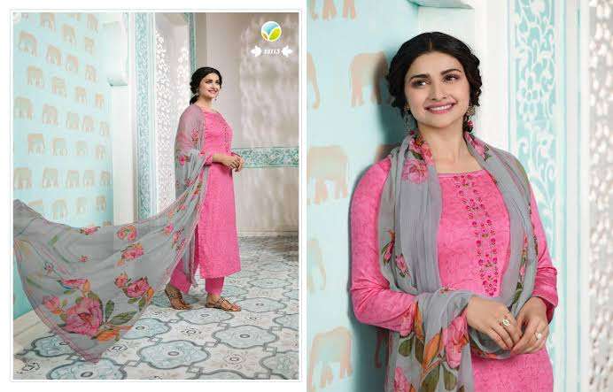 VINAY FASHION KERVIN AARUSHI DESIGNER EMBROIDERY WORK WITH COTTON SATIN DIGITAL PRINTED SUITS IN WHOLESALE RATE