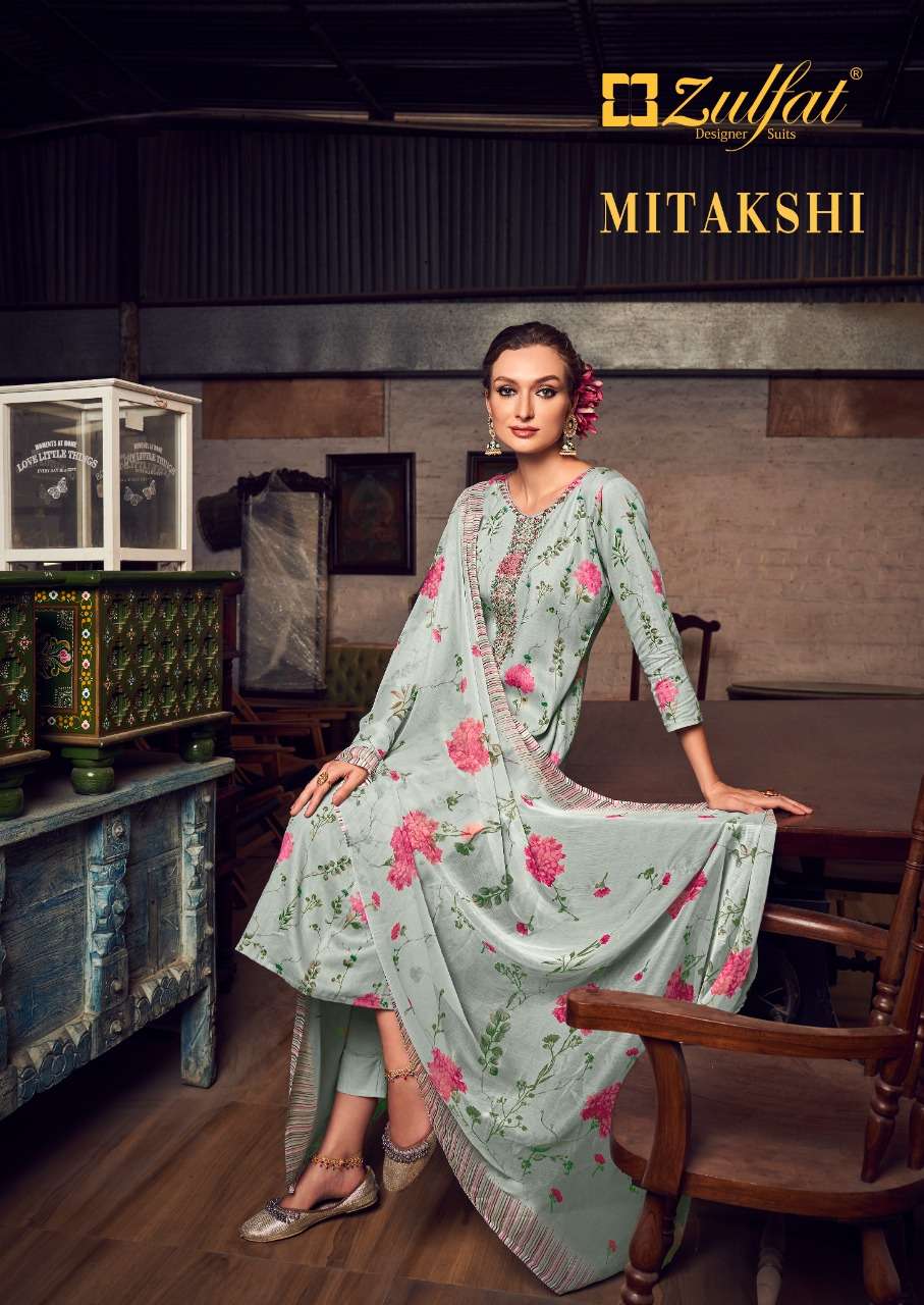 ZULFAT MITAKSHI DESIGNER EMBROIDERY WORK WITH JAM COTTON PRINTED SUITS IN WHOLESALE RATE