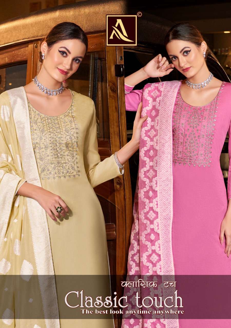 ALOK CLASSIC TOUCH DESIGNER SWAROVSKI DIAMOND WORK AND LUCKNOWI THREAD WORK WITH JAM COTTON DYED SUITS IN WHOLESALE RATE 
