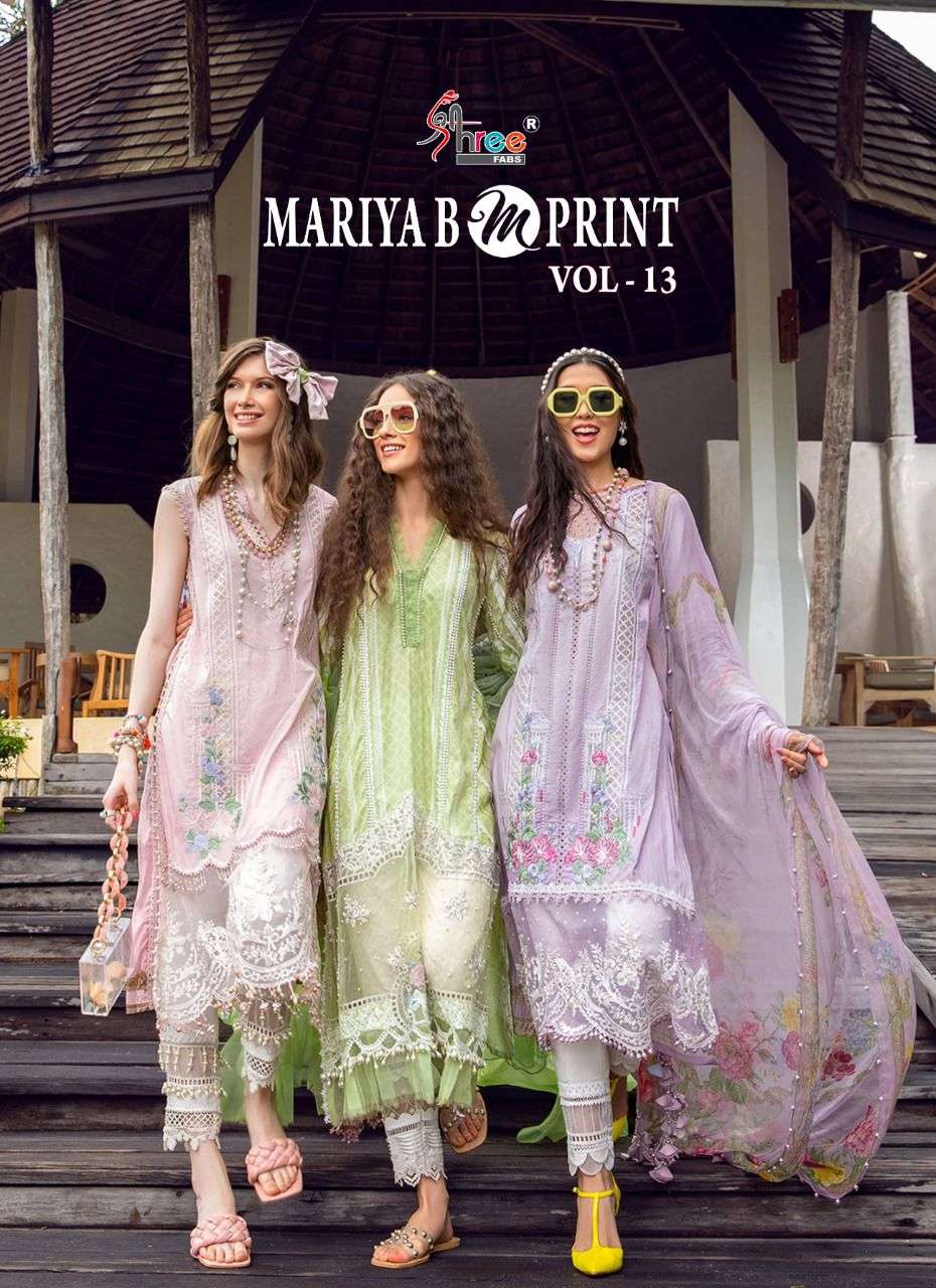 SHREE FAB MARIYA B M PRINT VOL 13 DESIGNER EXCLUSIVE EMBROIDERY WITH COTTON PRINTED SUITS IN WHOLESALE RATE 