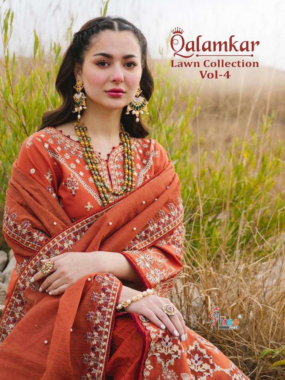 SHREE FAB QALAMKAR LAWN COLLECTION VOL 4 DESIGNER EXCLUSIVE SELF EMBROIDERY LAWN COTTON SUIT IN WHOLESALE RATE 
