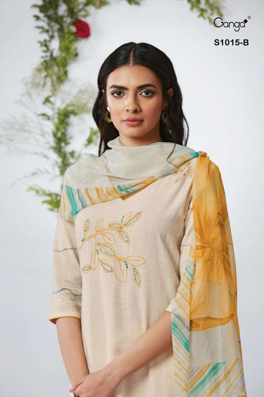 GANGA NINA 1015 DESIGNER HANDWORK AND EMBROIDERY WITH COTTON LINEN PRINTED SUITS IN WHOLESALE RATE 