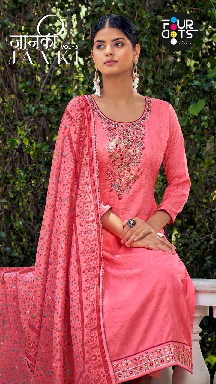 FOURDOTS JANKI VOL 3 DESIGNER WORK WITH PARAMPARA SILK SUITS IN WHOLESALE RATE