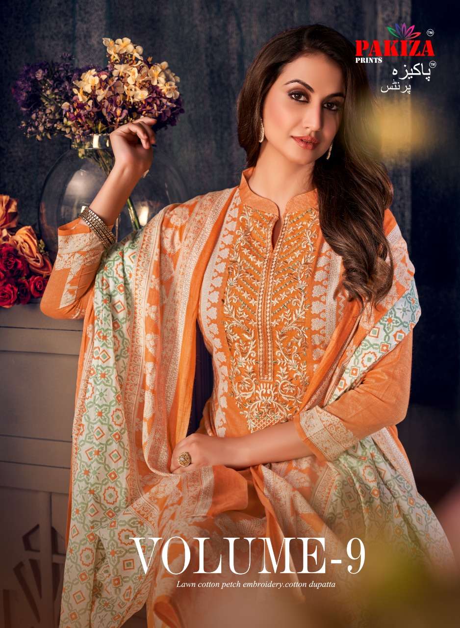 PAKIZA VOLUME 9 DESIGNER EMBROIDERY WITH LAWN COTTON PRINTED DAILY WEAR SUITS IN WHOLESALE RATE 