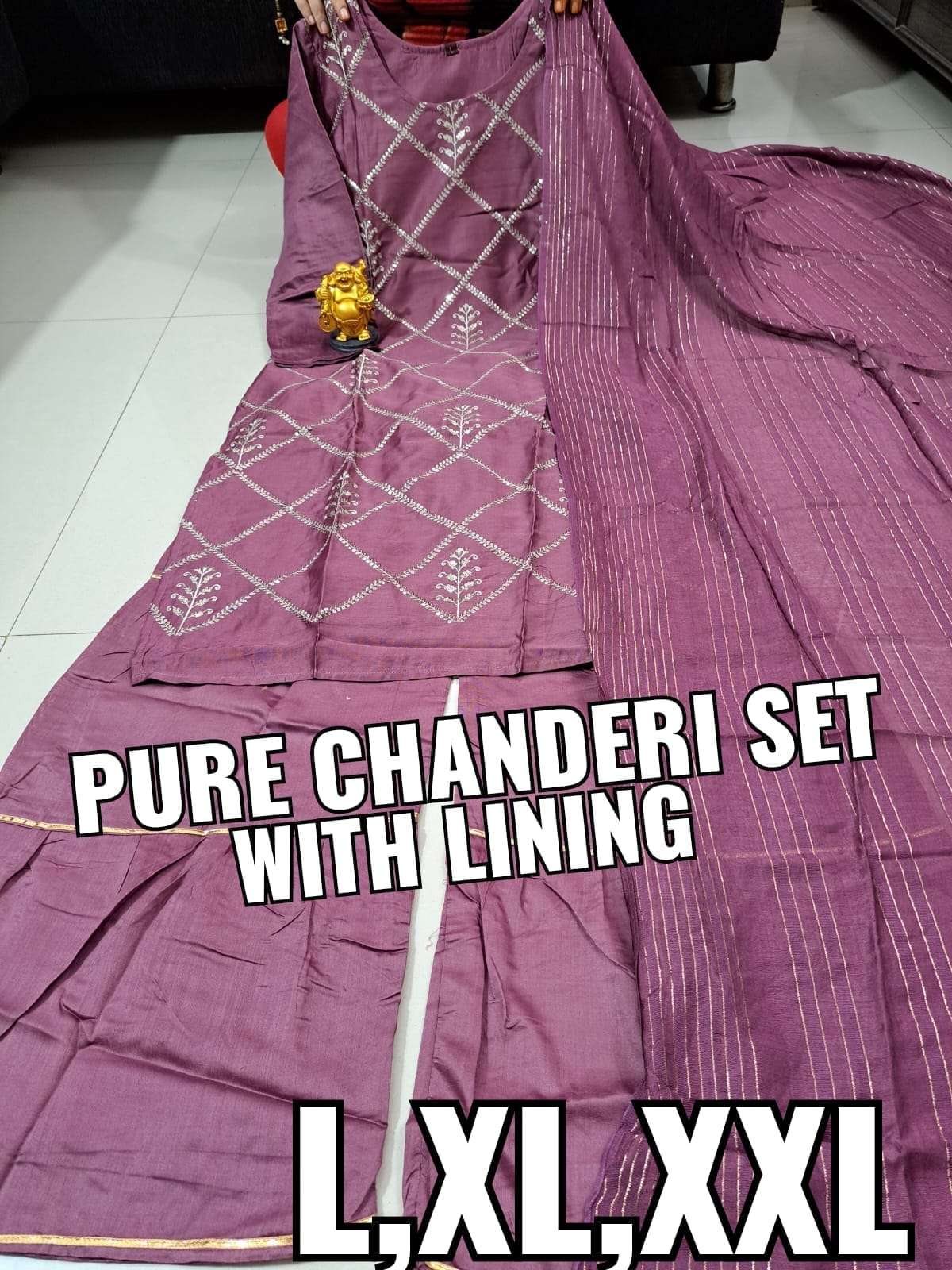 PURE CHANDERI KURTI WITH SEQUENCE EMBROIDERY BOTTOM DUPATTA SET