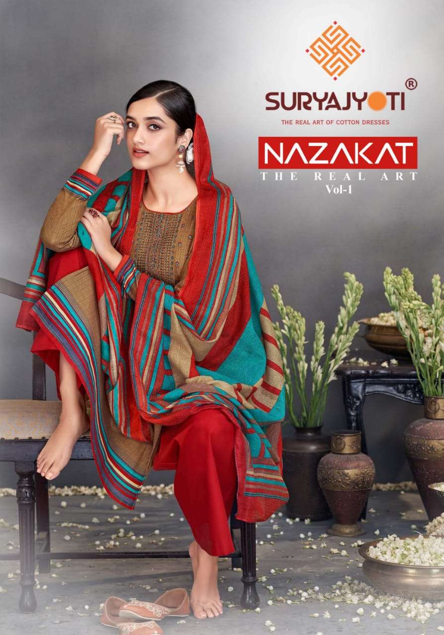SURYAJYOTI NAZAKAT VOL 1 DESIGNER SWAROVSKI AND EMBROIDERY WORK WITH CAMBRIC COTTON PRINTED SUITS IN WHOLESALE RATE 