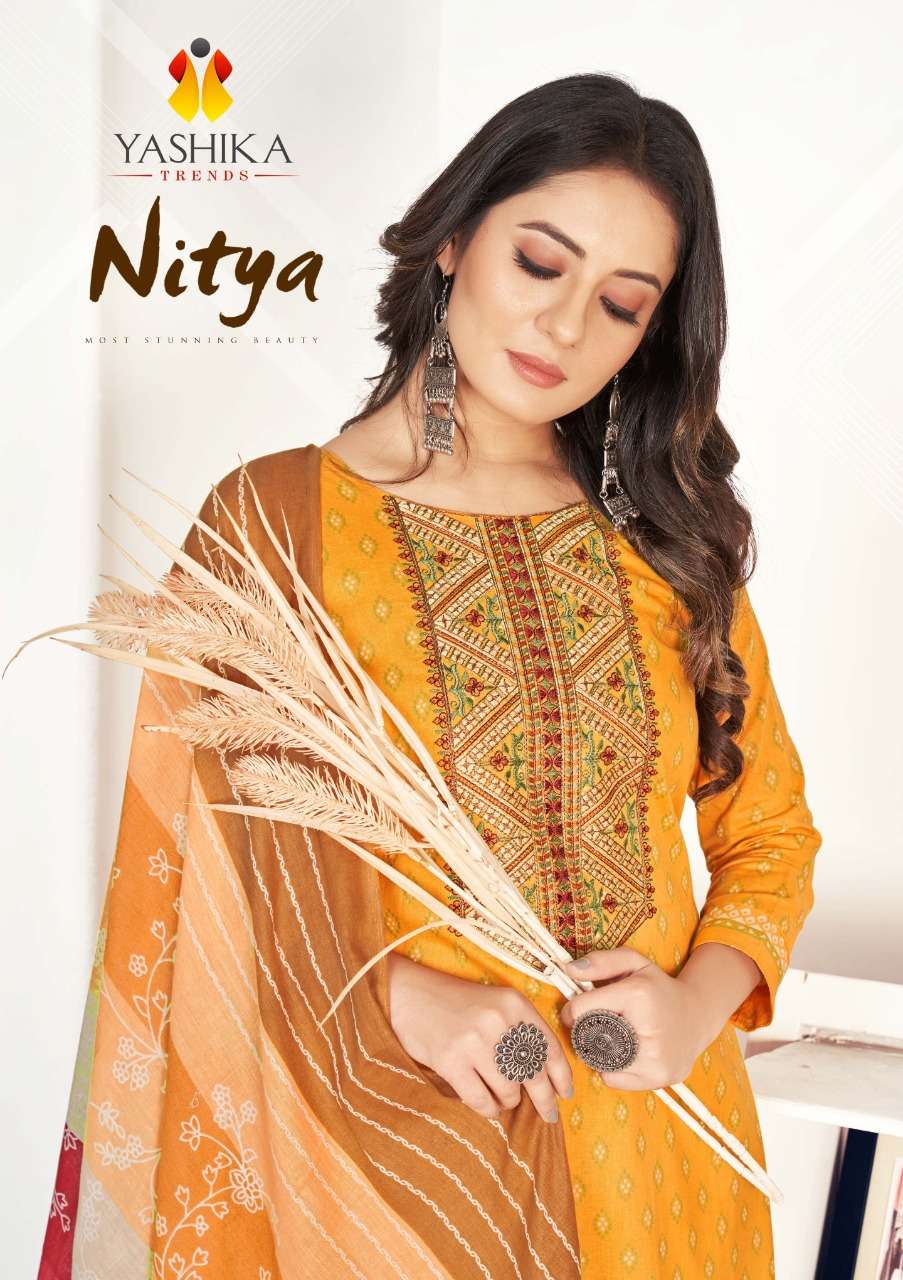 YASHIKA NITYA DESIGNER EXCLUSIVE NECK EMBROIDERY WORK WITH COTTON PRINTED SUITS IN WHOLESALE RATE 
