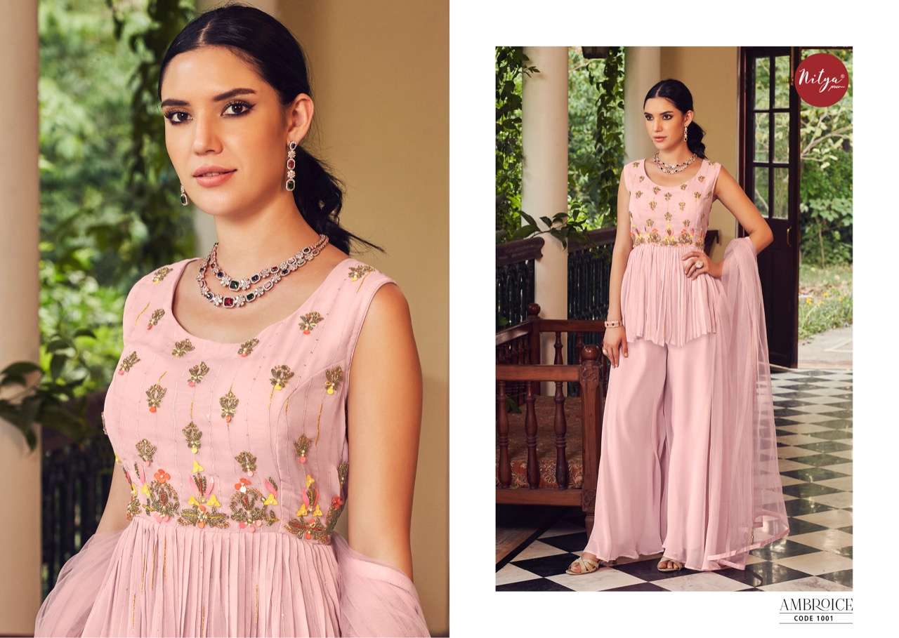LT NITYA AMBROICE DESIGNER HANDWORK WITH VISCOSE GEORGETTE EMBROIDERED PARTY WEAR READYMADE SUITS IN SALE 
