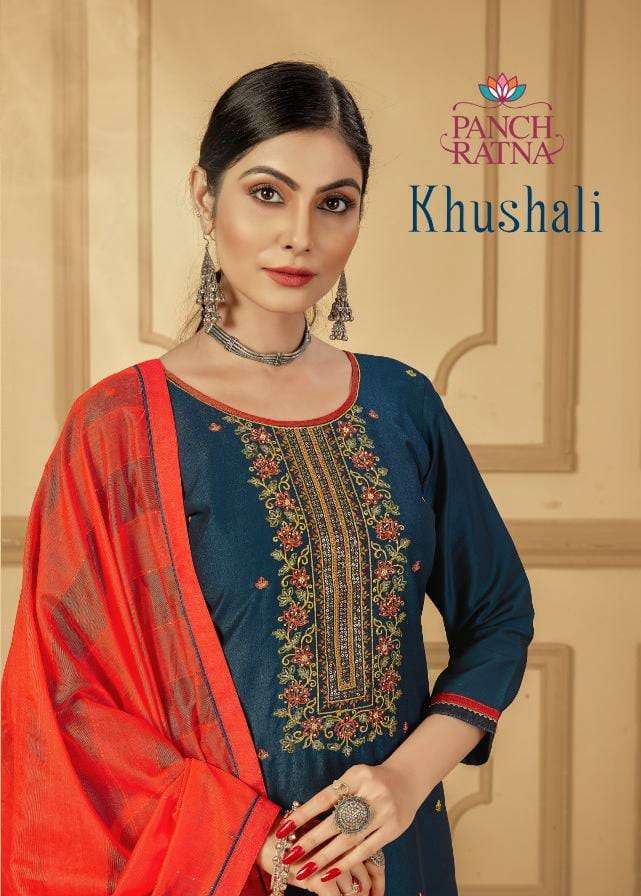 PANCH RATNA KHUSHALI DESIGNER KHATLI WORK WITH PARAMPARA SILK EMBROIDERED FESTIVAL WEAR SUITS IN WHOLESALE RATE 
