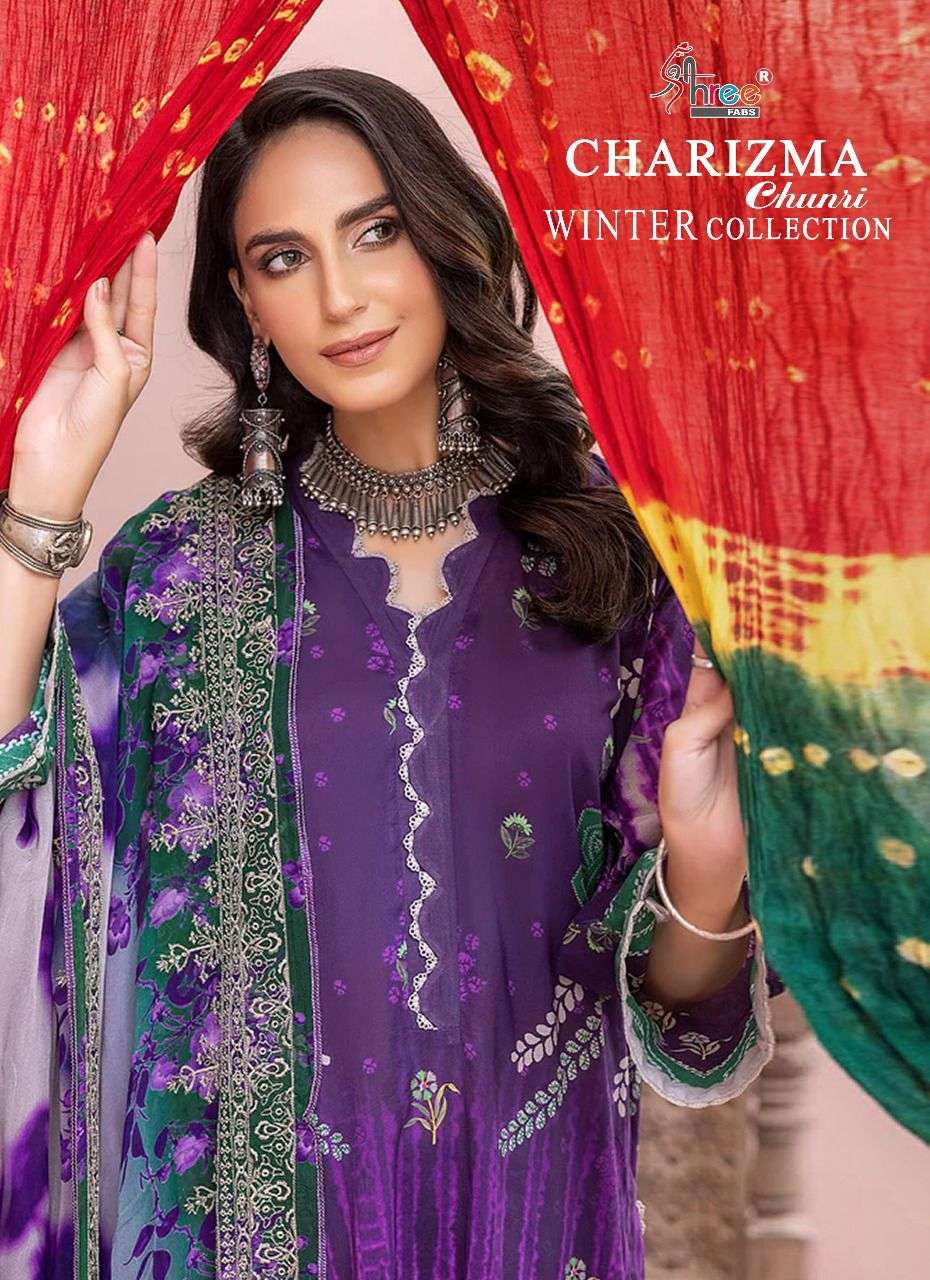 SHREE FAB CHARIZMA CHUNRI WINTER COLLECTION DESIGNER EMBROIDERY WORK WITH PASHMINA PRINTED WINTER WEAR SUITS IN WHOLESALE RATE 