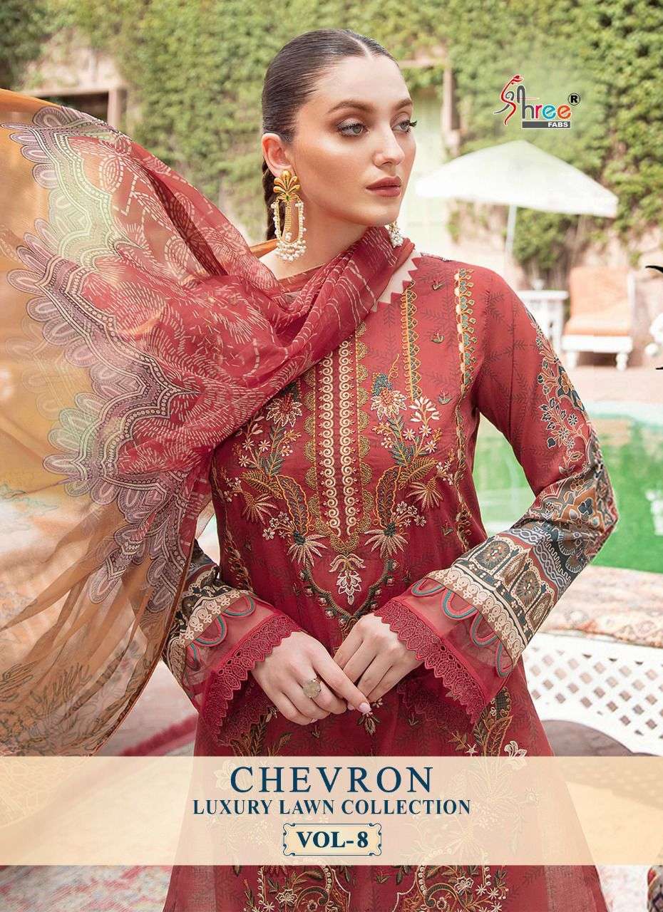 SHREE FAB CHEVRON LUXURY LAWN COLLECTION VOL 8 DESIGNER SELF EMBROIDERED COTTON PRINTED SUITS IN WHOLESALE RATE 
