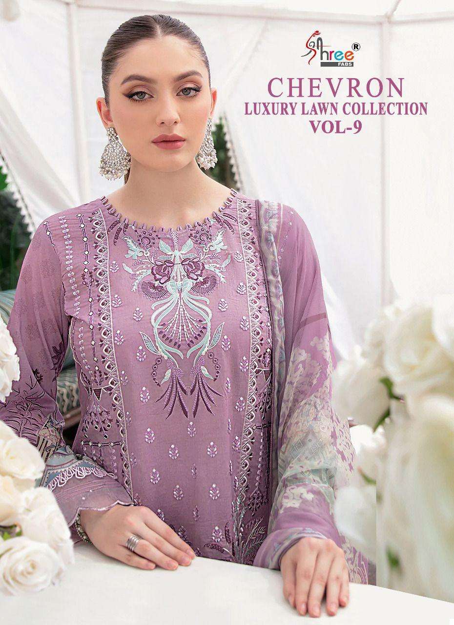 SHREE FAB CHEVRON LUXURY LAWN COLLECTION VOL 9 DESIGNER SELF EMBROIDERY WITH COTTON PRINTED SUITS IN WHOLESALE RATE 