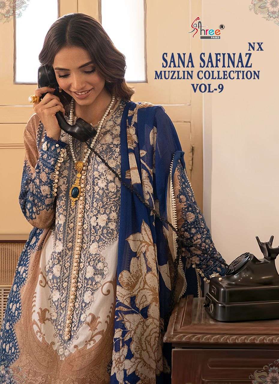 SHREE FAB SANA SAFINAZ MUZLIN COLLECTION VOL 9 NX DESIGNER EXCLUSIVE EMBROIDERY WORK WITH COTTON PRINTED SUITS IN WHOLESALE RATE 