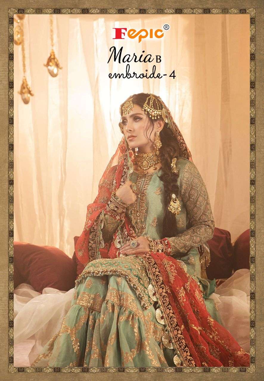 FEPIC ROSEMEEN MARIA B EMBROIDE VOL 4 DESIGNER FAUX GEORGETTE WITH ORGANZA AND BUTTERFLY NET EMBROIDERED PARTY WEAR SUITS IN WHOLESALE RATE 
