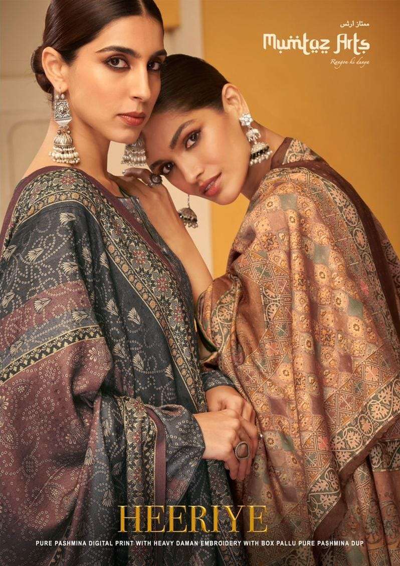 MUMTAZ ARTS HEERIYE DESIGNER DAMAN EMBROIDERY WITH VISCOSE TWILL PASHMINA PRINTED WINTER WEAR SUITS IN WHOLESALE RATE 