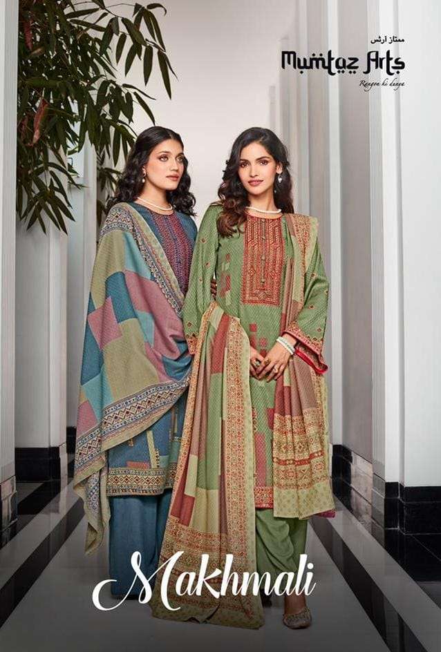 MUMTAZ ARTS MAKHMALI DESIGNER NECK EMBROIDERY WITH TWILL PASHMINA PRINTED WINTER WEAR SUITS IN WHOLESALE RATE 