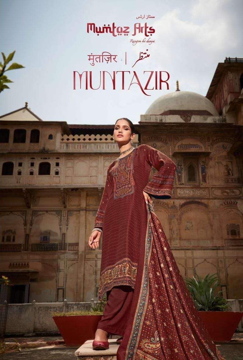 MUMTAZ ARTS MUNTAZIR EDITION VOL 1 DESIGNER NECK EMBROIDERY WITH TWILL PASHMINA PRINTED WINTER WEAR SUITS IN WHOLESALE RATE 