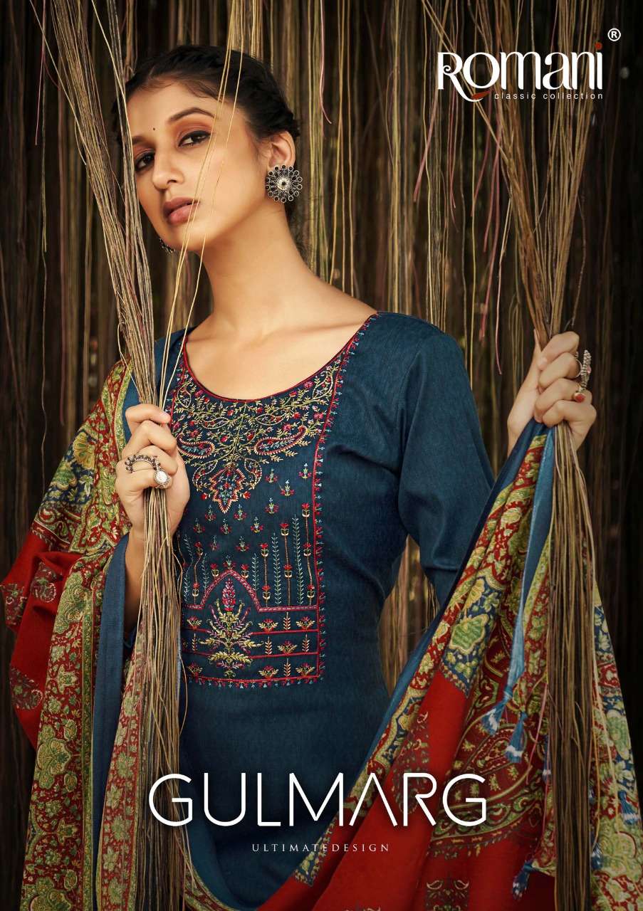 ROMANI GULMARG DESIGNER EMBROIDERY WORK WITH PASHMINA PRINTED WINTER WEAR SUITS IN WHOLESALE RATE 