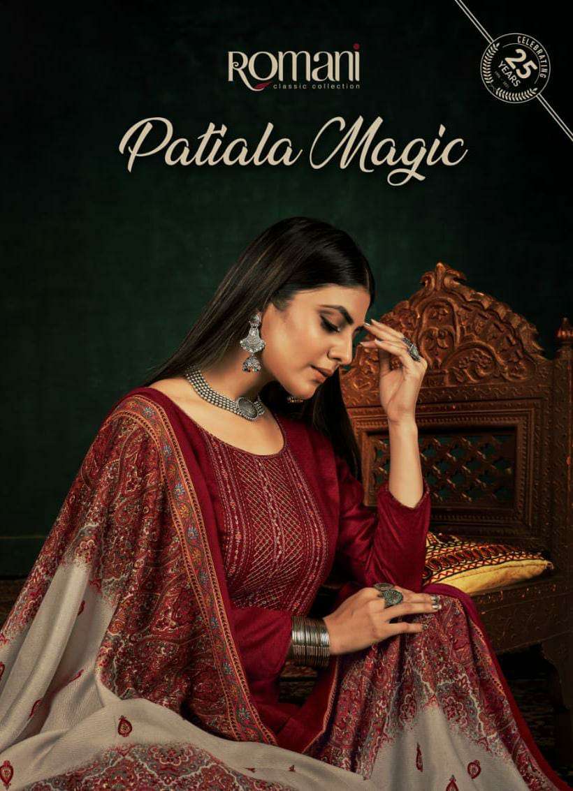 ROMANI PATIALA MAGIC DESIGNER EMBROIDERY WORK WITH PASHMINA PRINTED WINTER WEAR SUITS IN WHOLESALE RATE 