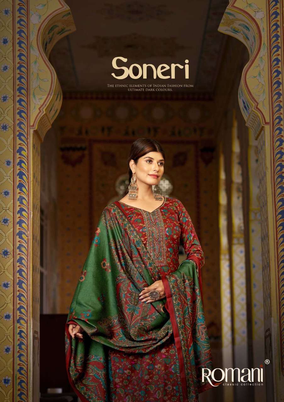 ROMANI SONERI DESIGNER EXCLUSIVE EMBROIDERY WORK WITH PASHMINA PRINTED WINTER WEAR SUITS IN WHOLESALE RATE 