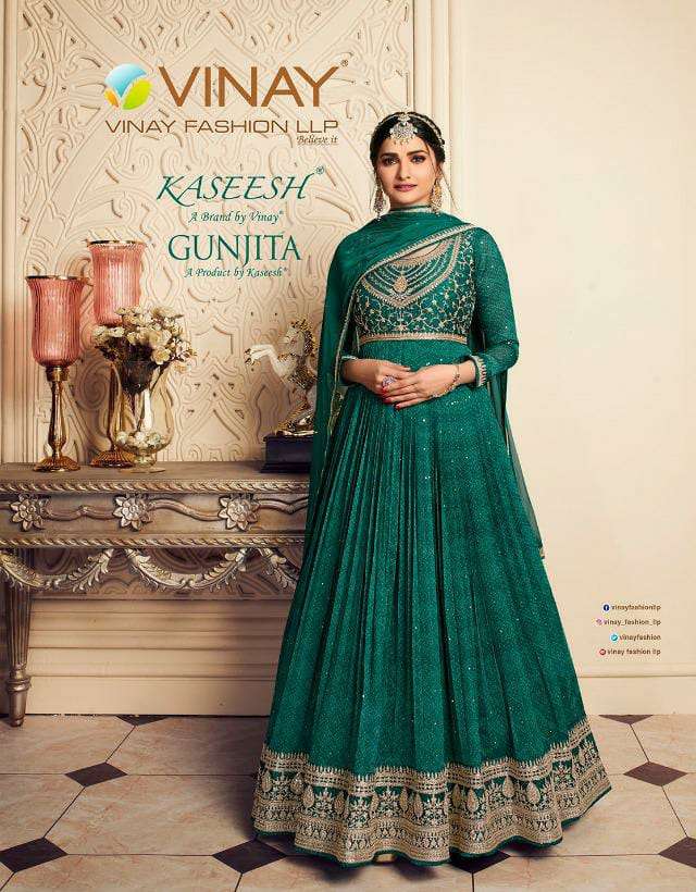VINAY FASHION KASEESH GUNJITA DESIGNER SEQUENCE EMBROIDERED WITH SILK CHIFFON DIGITAL PRINTED SUITS IN WHOLESALE RATE 