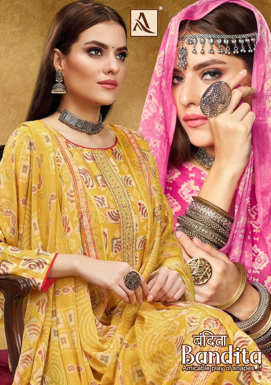 ALOK SUIT BANDITA DESIGNER FANCY EMBROIDERY WITH VISCOSE SILK FOIL PRINTED SUITS IN WHOLESALE RATE 