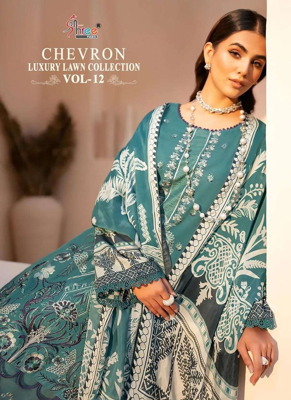 SHREE FAB CHEVRON LUXURY LAWN COLLECTION VOL 12 DESIGNER SELF EMBROIDERY WITH PATCH WORK AND LAWN COTTON PRINTED SUITS IN WHOLESALE RATE 