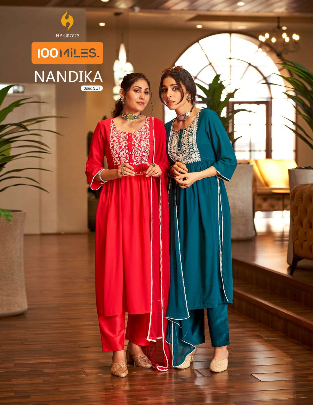 100 MILES NANDIKA GEORGETTE EMBROIDERED NAYRA CUT STYLE KURTI WITH BOTTOM & DUPATTA COLLECTION WHOLESALER