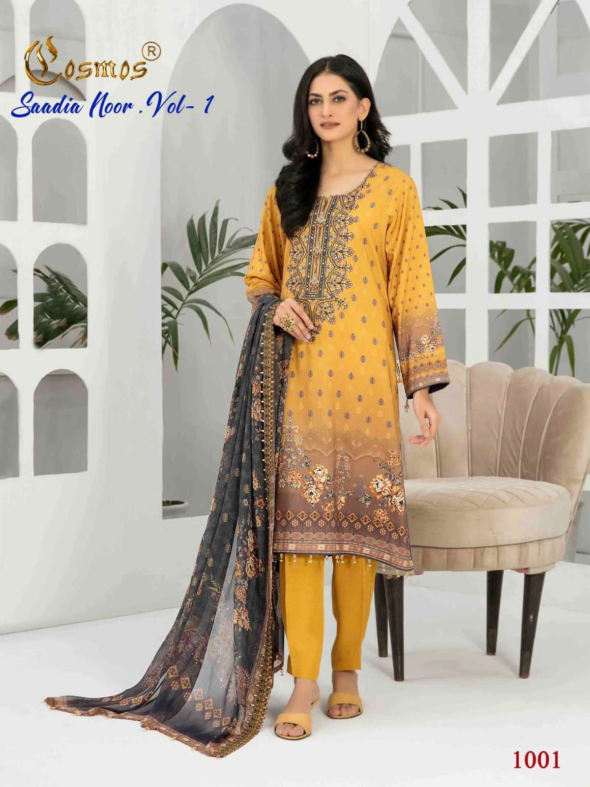 COSMOS FASHION SADIA NOOR VOL 1 DESIGNER LAWN EMBROIDERED PATCH WORK PAKISTANI REPLICA SUITS WHOLESALE 