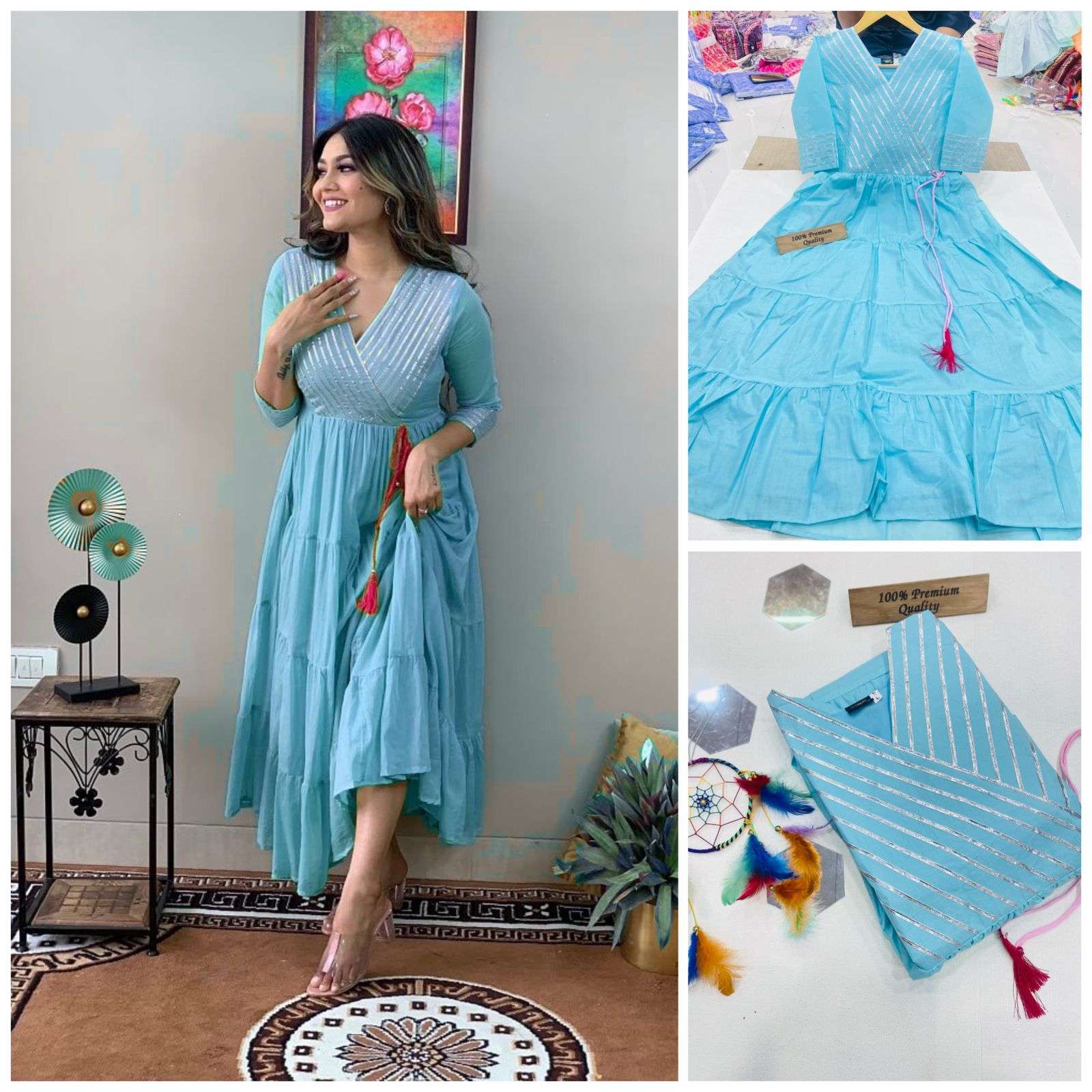 DESIGNER MAL COTTON WITH GOTTA PATTI NECK WORK AND TASSEL SLEEVES STYLISH PARTY WEAR OR OCCASIONAL WEAR GOWNS WITH RICH COLOURS IN BEST WHOLESALE RATE