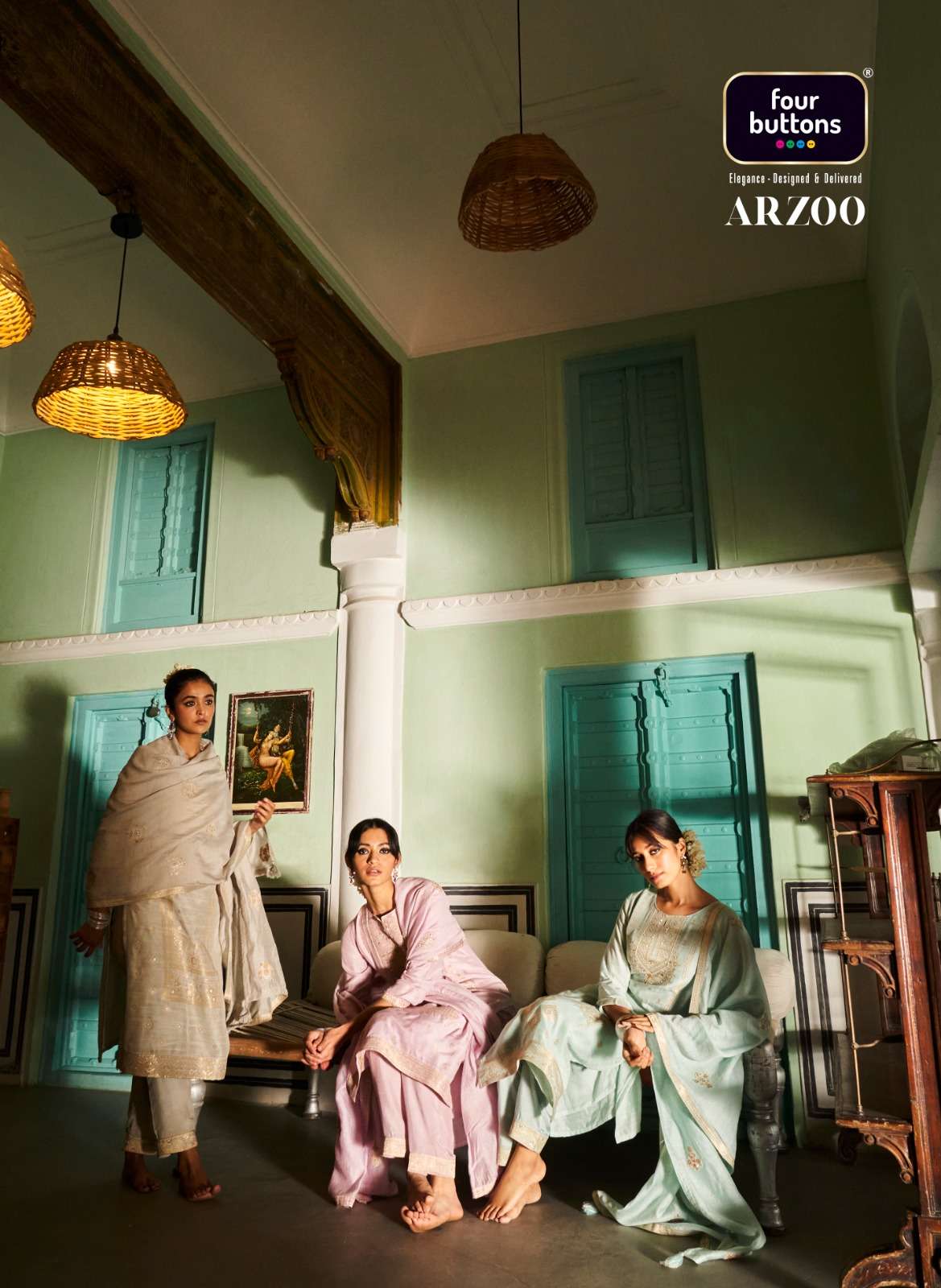 FOUR BUTTONS ARZOO DESIGNER LINEN RUSSIAN JACQUARD HANDWORK READYMADE PARTYWEAR OR OCCASIONAL WEAR SUITS WHOLESALE 