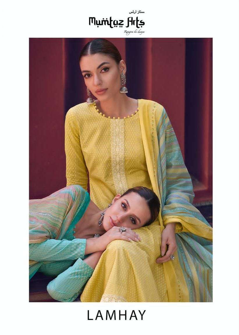 MUMTAZ ARTS LAMHAY DESIGNER LAWN CAMBRIC DIGITAL PRINT WITH HEAVY EMBROIDERY NECK SUITS IN BEST WHOLESALE PRICE 