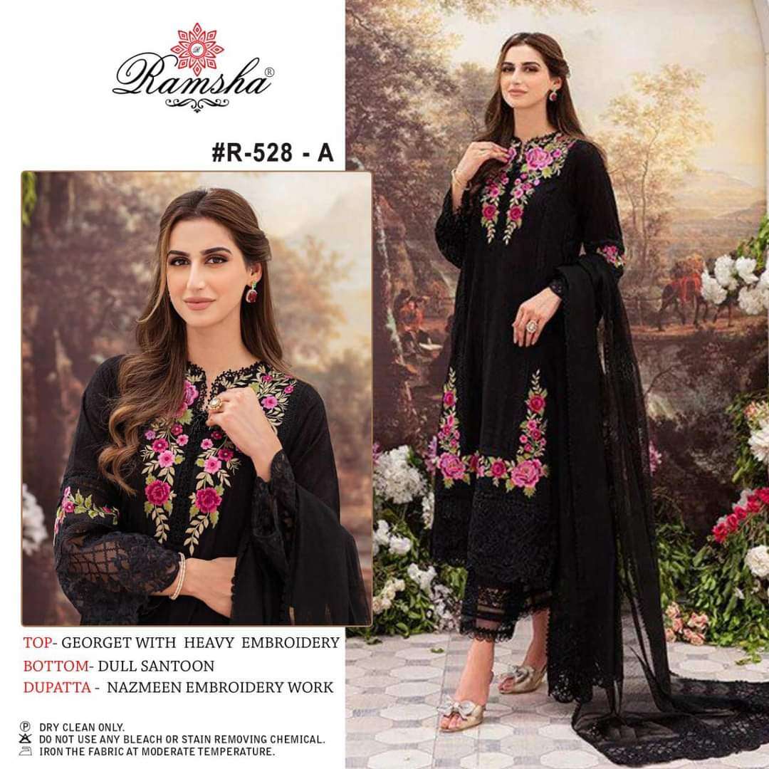 RAMSHA R-528 DESIGNER GEORGETTE WITH HEAVY EMBROIDERY WORK PAKISTANI REPLICA SUITS IN BEST WHOLESALE RATE