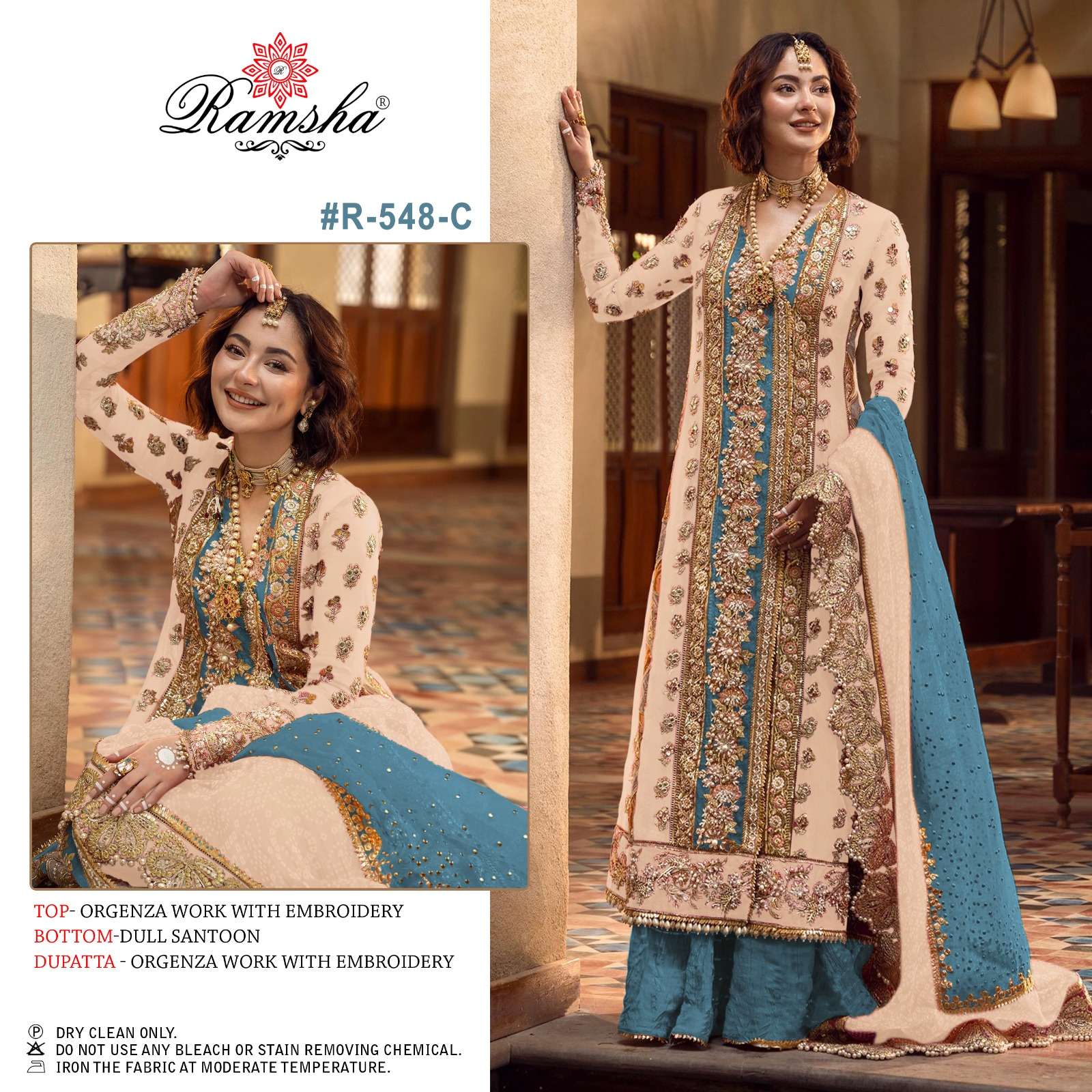 RAMSHA R-548-C NX DESIGNER ORGANZA HEAVY EMBROIDERY WORK PAKISTANI REPLICA SUITS IN BEST WHOLESALE RATE