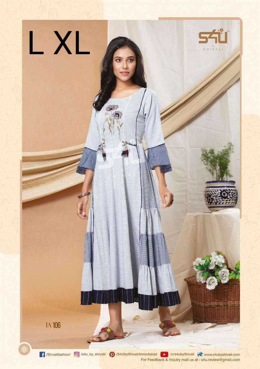 S4U JASMINE D.NO.106 DESIGNER COTTON/RAYON PRINTED WITH EMBROIDERY AND TASSLEL LONG GOWNS WHOLESALE RATE