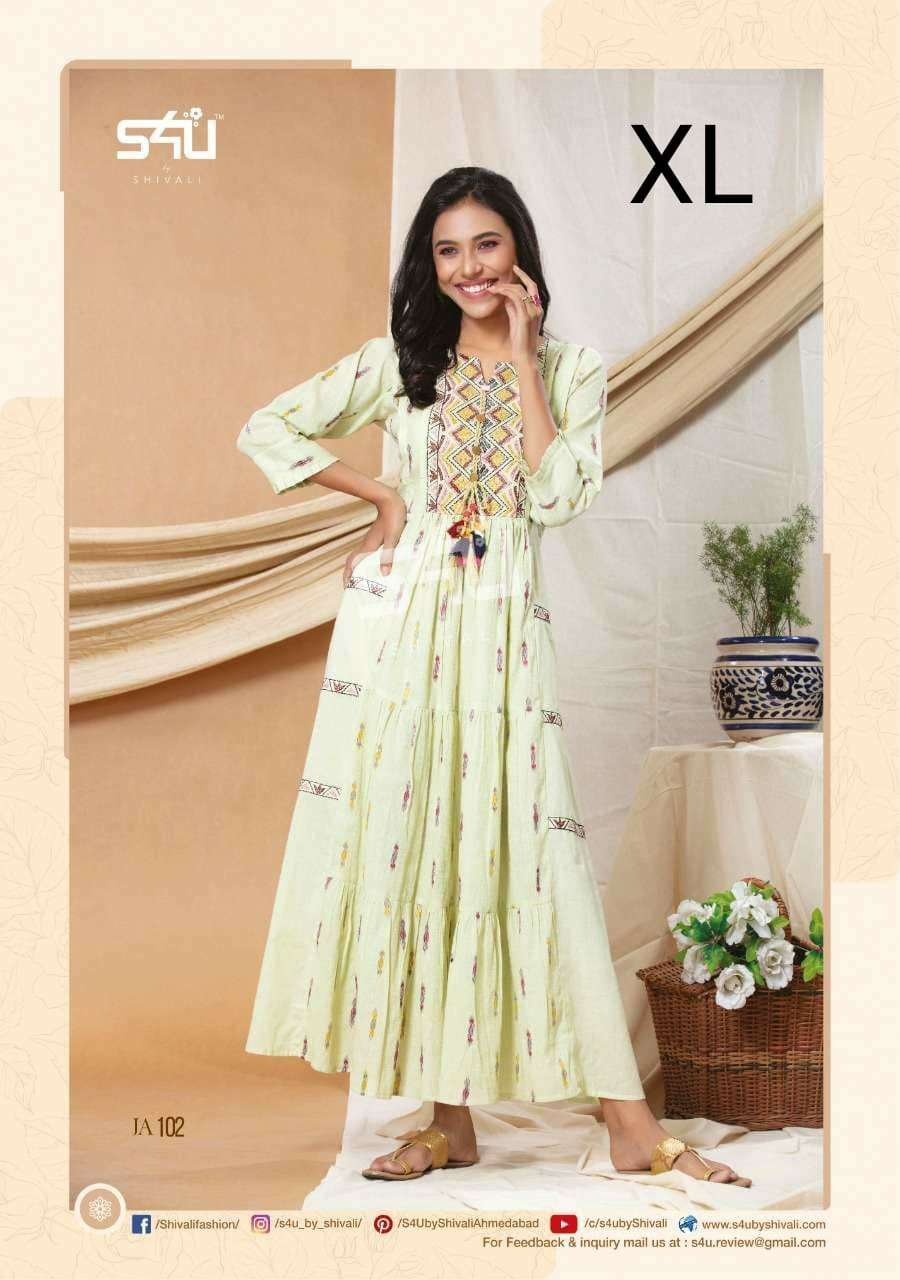 S4U JASMINE DESIGNER COTTON/RAYON PRINTED WITH EMBROIDERY AND TASSLEL LONG GOWNS WHOLESALE RATE