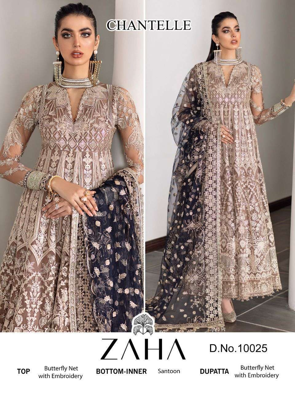 ZAHA D.NO.10025 DESIGNER BUTTERFLY NET WITH HEAVY EMBROIDERY WORK PAKISTANI REPLICA SUITS WHOLESALE 