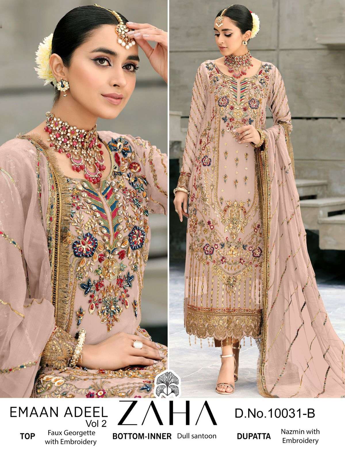 ZAHA D.NO.10031 B DESIGNER GEORGETTE WITH HEAVY EMBROIDERY WORK PAKISTANI REPLICA SUITS WHOLESALE 