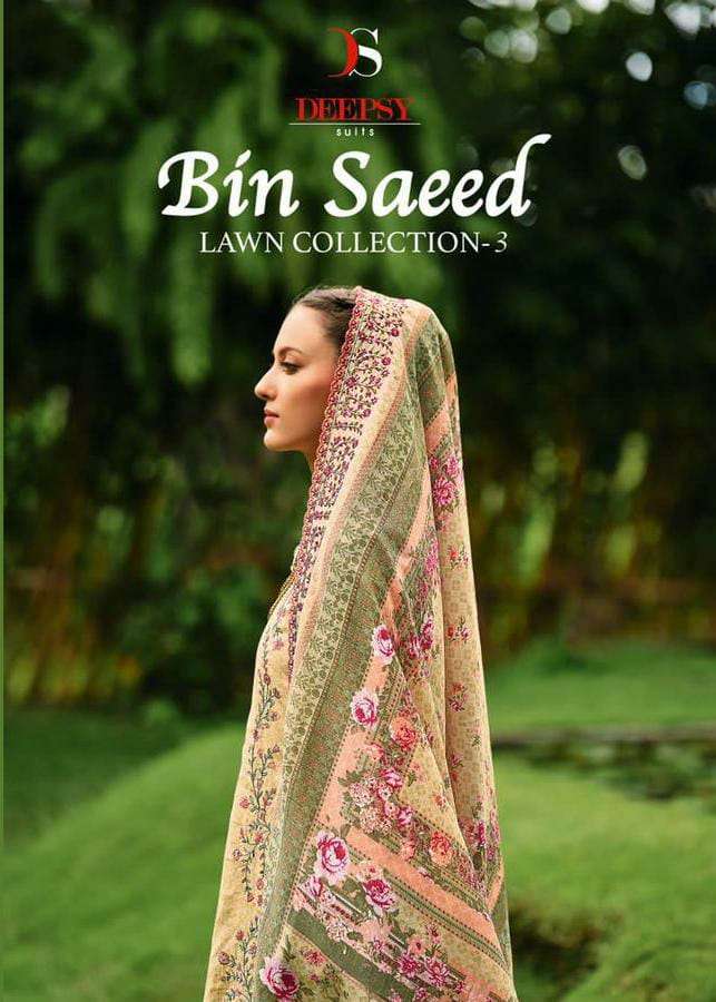 DEEPSY SUITS BIN SAEED LAWN 3 DESIGNER COTTON LAWN SELF EMBROIDERY WORK PAKISTANI REPLICA SUITS WHOLESALE 