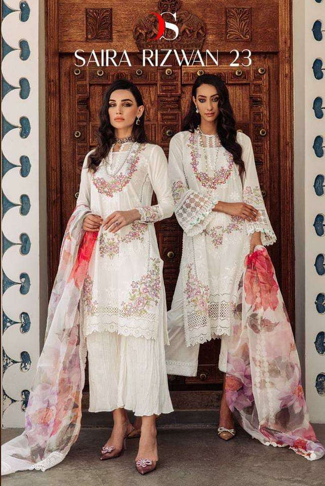 DEEPSY SUITS SAIRA RIZWAN LAWN 23 DESIGNER CAMBRIC COTTON WITH HEAVY SELF EMBROIDERY AND PATCH WORK PAKISTANI REPLICA SEMI STITCHED SUITS WHOLESALE 