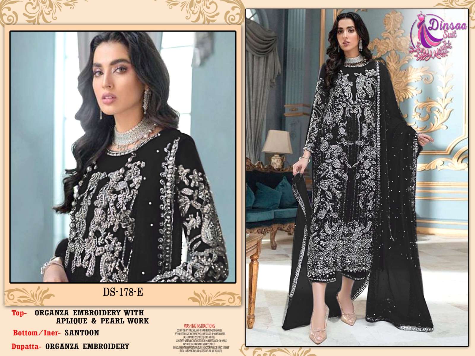 DINSAA SUIT D NO.178 DESIGNER ORGANZA EMBROIDERY WORK WITH PEARL WORK PAKISTANI REPLICA SUITS WHOLESALE 