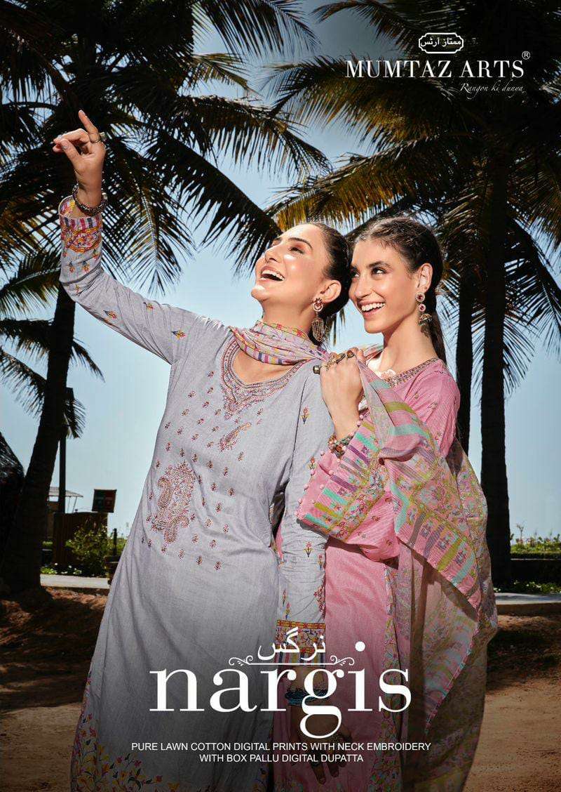 MUMTAZ ARTS NARGIS DESIGNER CAMBRIC LAWN DIGITAL PRINT WITH EMBROIDERY WORK SUITS WHOLESALE 