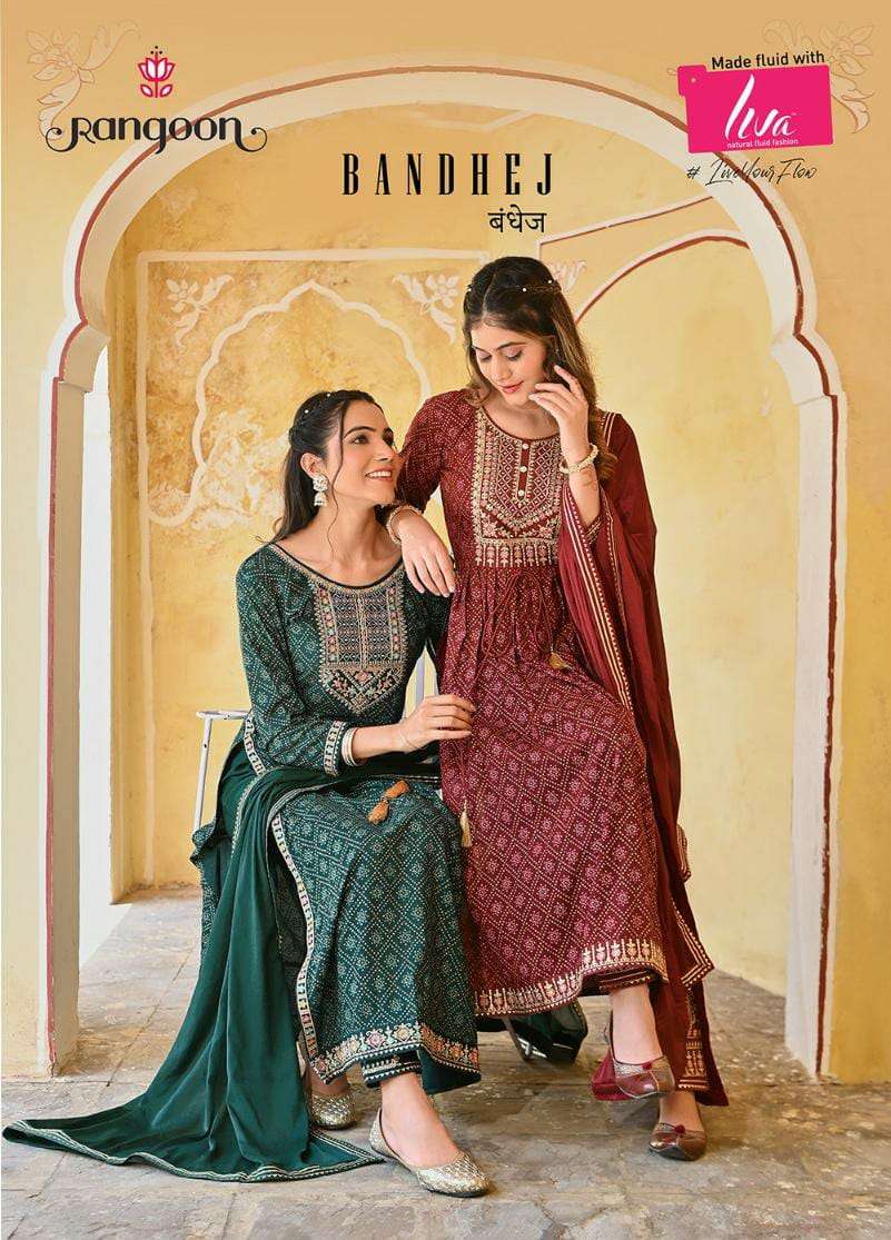 RANGOON BANDHEJ DESIGNER RAYON BANDHEJ PRINT EMBROIDERY WORK NAIRA STYLE READYMADE SUITS IN BEST WHOLESALE RATE