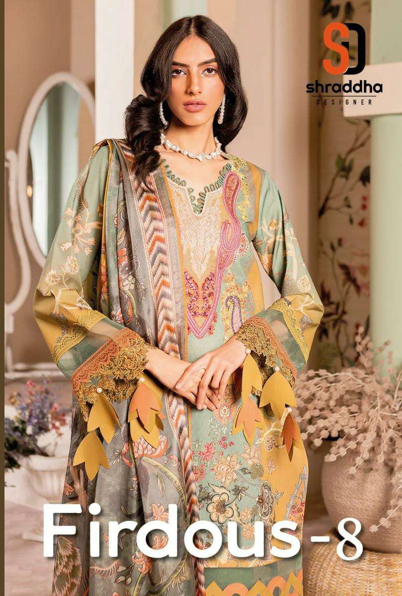 SHARADDHA DESIGNER FIRDOUS VOL 8 DESIGNER LAWN COTTON PRINTED WITH EMBROIDERY PATCH WORK PAKISTANI REPLICA SUITS WHOLESALE 