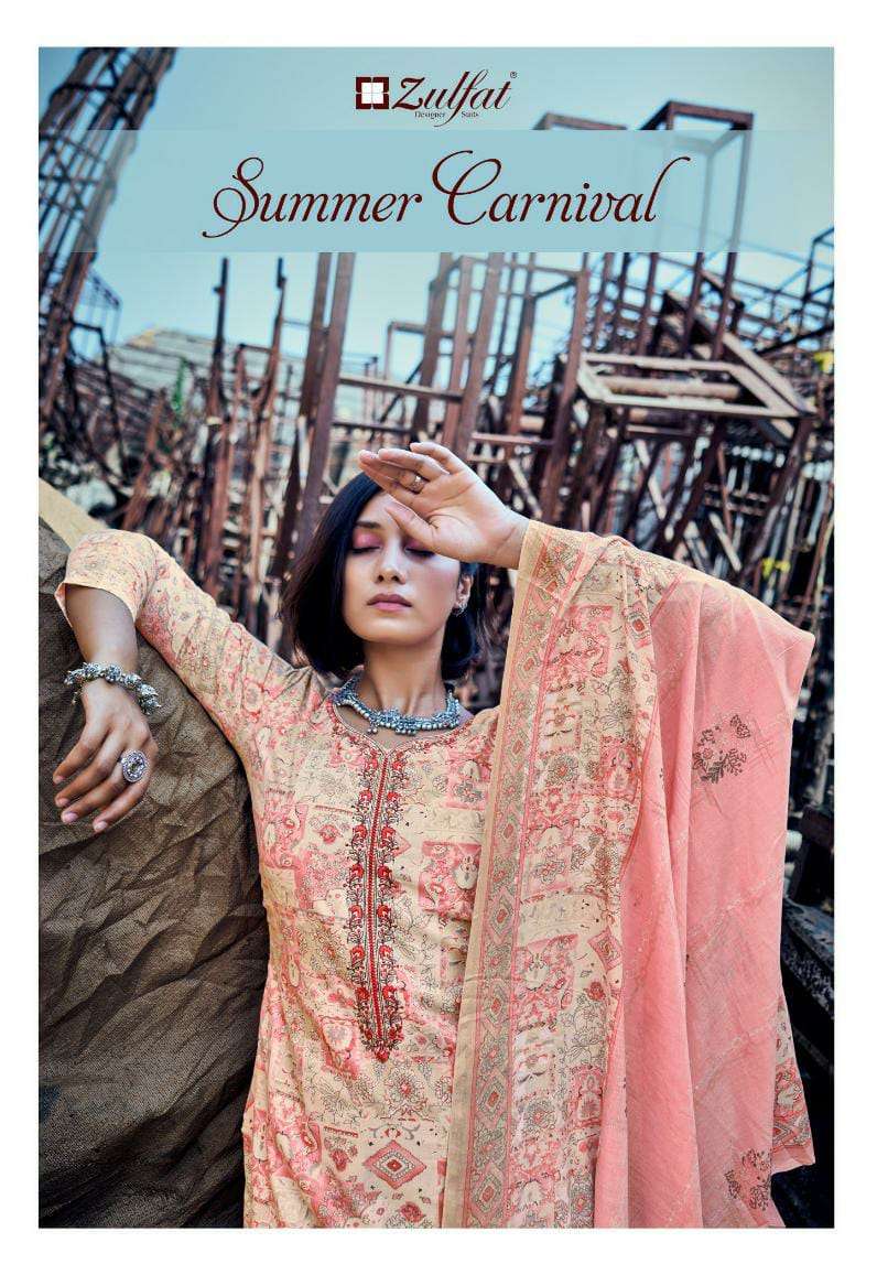 ZULFAT DESIGNER SUMMER CARNIVAL DESIGNER COTTON PRINT WITH EMBROIDERY WORK SUITS WHOLESALE 