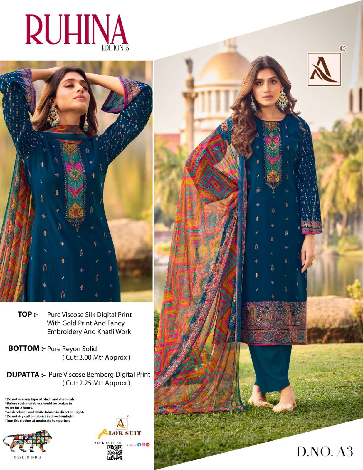 ALOK SUITS RUHINA-5 DESIGNER VISCOSE SILK DIGITAL PRINT WITH GOLD PRINT EMBROIDERY AND KHATLI WORK HEAVY SUITS WHOLESALE 