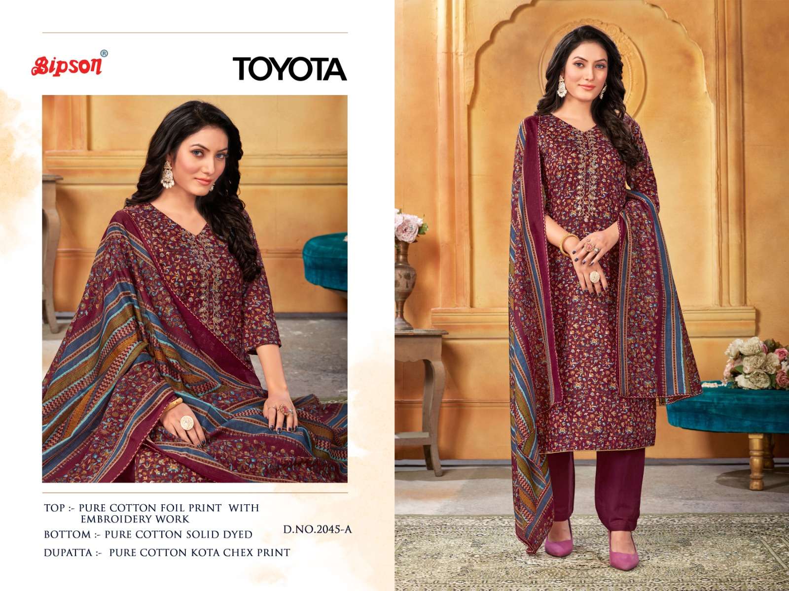 BIPSON TOYOTA 2045 DESIGNER COTTON FOIL PRINT EMBROIDERY WORK STYLISH PRINTED LOW RANGE SUITS WHOLESALE 